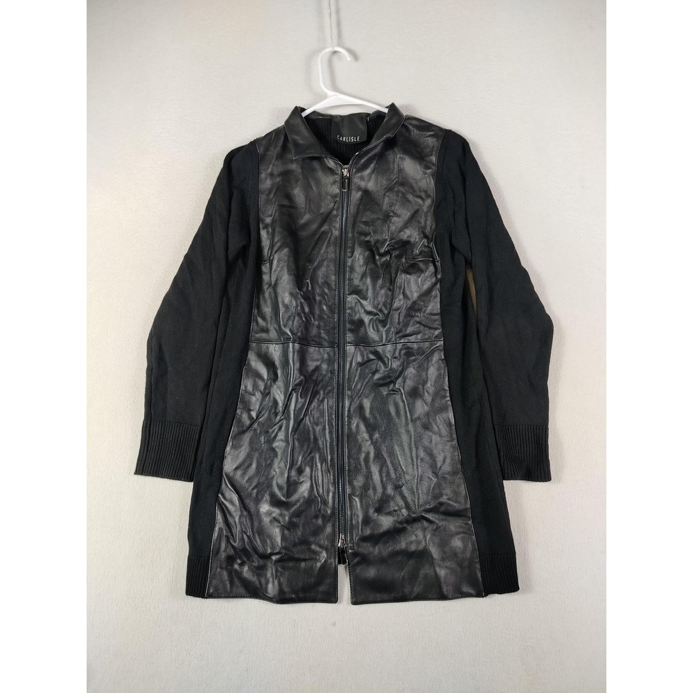 Carlisle Jacket Womens 8 Black Leather Knit Merino Wool‎ Full Zip Mid Length